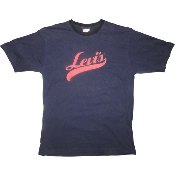 Vintage 90s Levi's Script Tailsweep Logo Black Short Sleeve T-Shirt Large Mexico - Picture 1 of 6